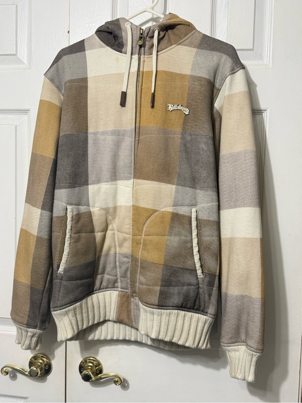 Billabong Men's Plaid Zip Hoodie - Tan, Gray, Cream